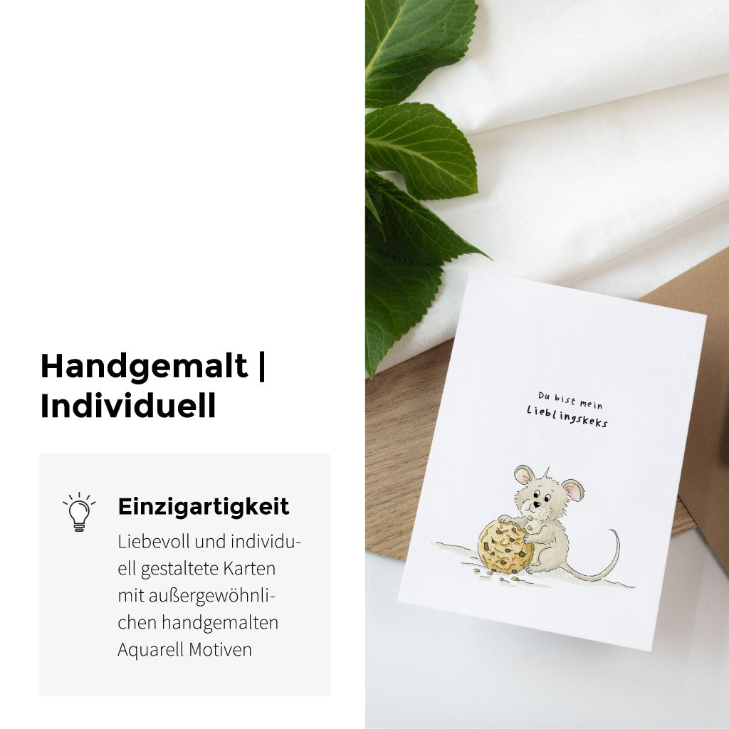 Handgemaltes Aquarell Motiv einer Keks essenden Maus