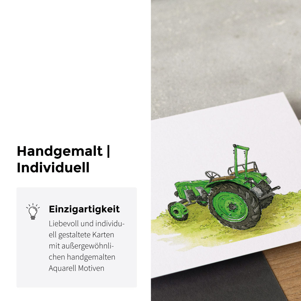 Handgemaltes Aquarell Motiv mit grünem Oldtimer Traktor