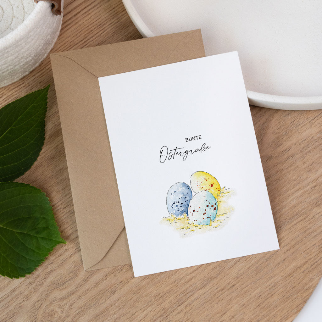 Aquarell Postkarte Ostern mit handgemalten Ostereiern, liebevoll gestaltete Osterkarte für das Osterfest.