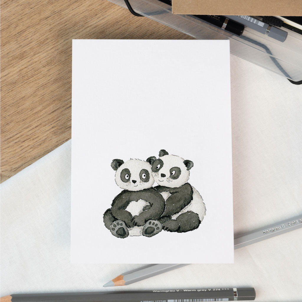 Karte mit Panda Bären Paar zum Valentinstag, Geburtstag, Jahrestag oder als Gute Besserung Postkarte