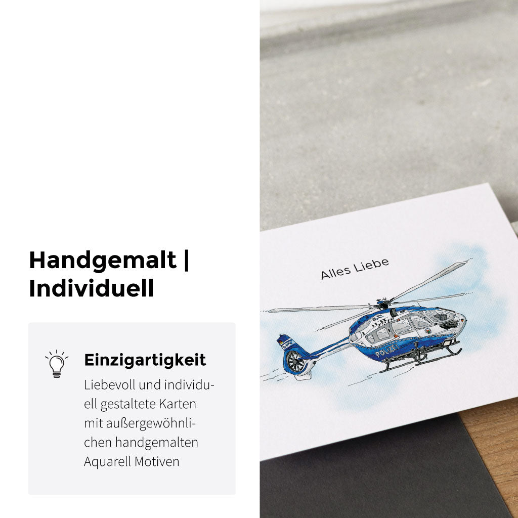 Handgemaltes Aquarell Motiv mit Hubschrauber in Wolken