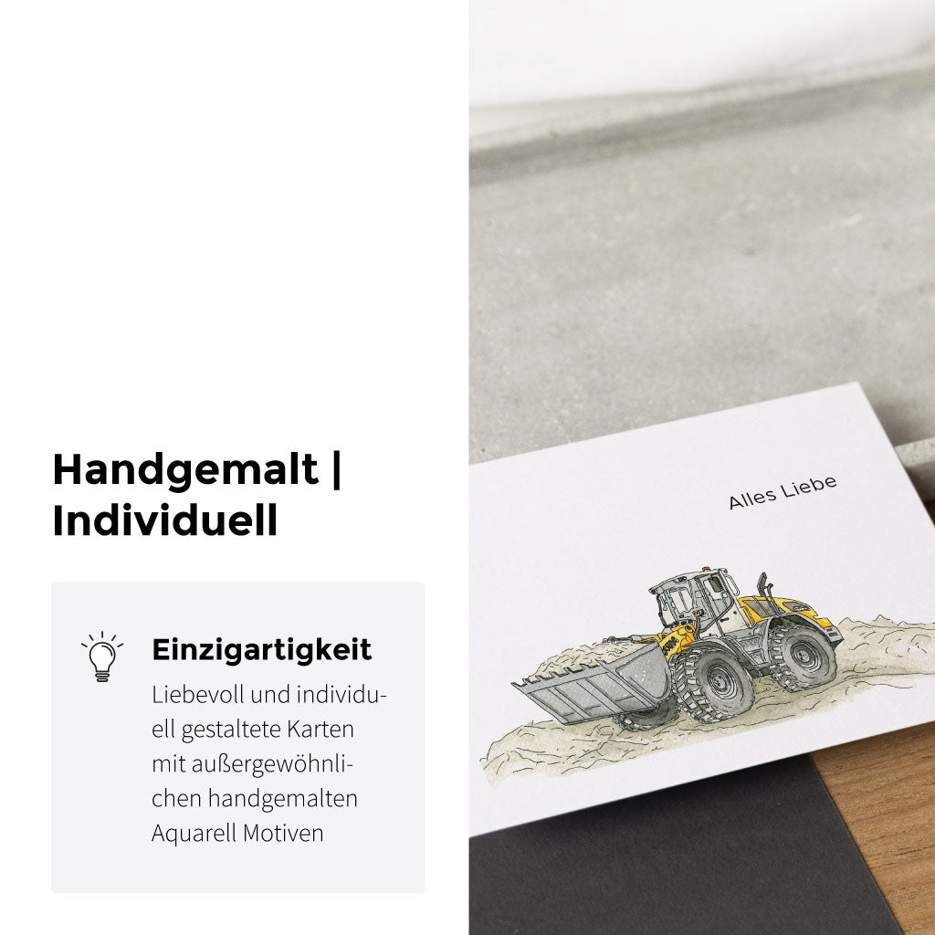 Handgemaltes Aquarell Bild mit Radlader Bagger auf Baustelle