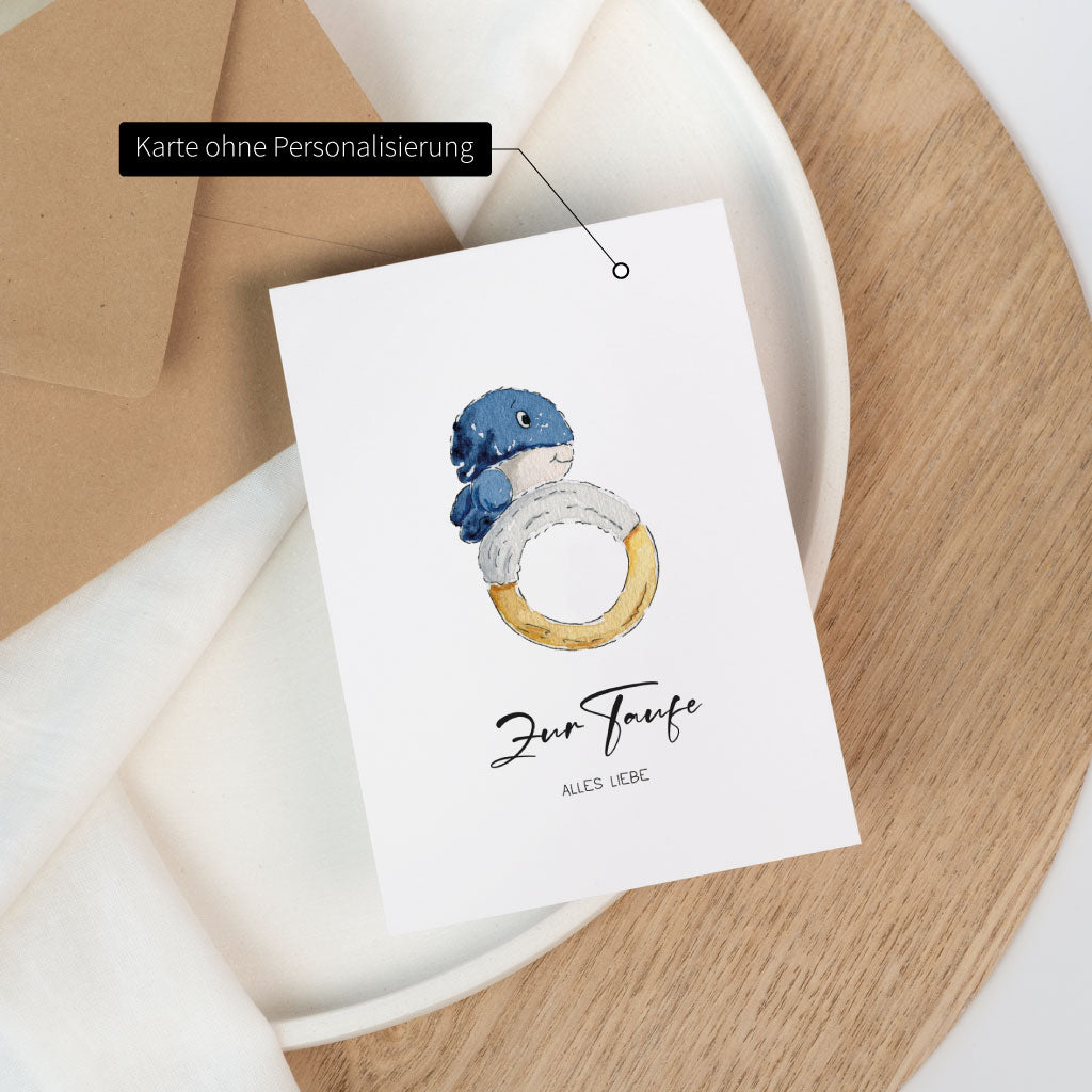 Karte zur Taufe ohne Personalisierung mit handgemaltem Wal und Schwimmring auf natürlicher Unterlage