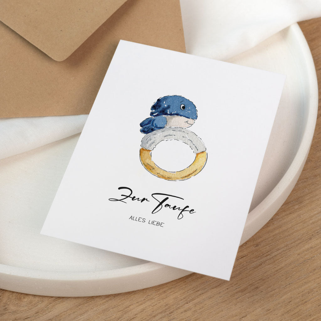 Handgemalte Glückwunschkarte zur Taufe mit Walmotiv, ideal als Taufgeschenk oder Beilage zum Geschenk