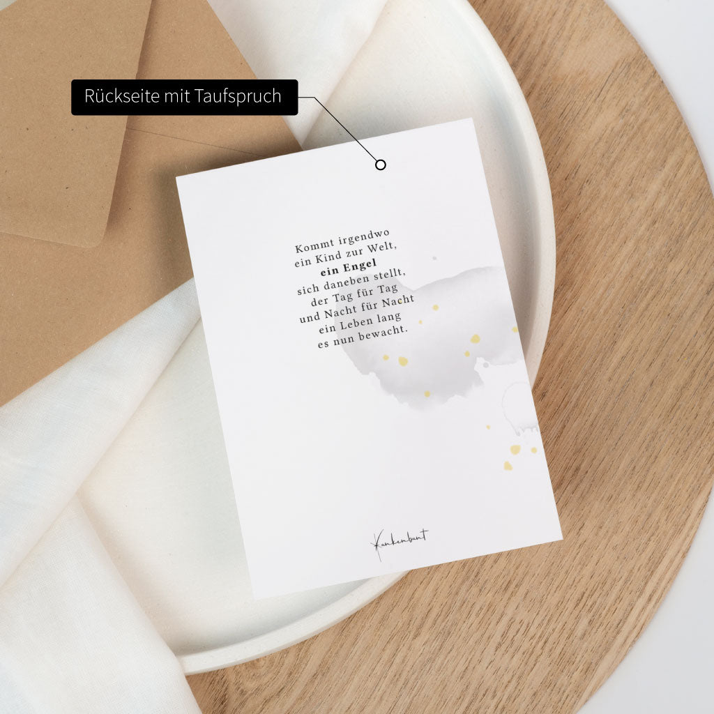 Rückseite der Glückwunschkarte zur Taufe mit Taufspruch auf weißer Karte im passenden Design