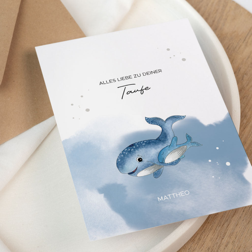 Personalisierbare Taufkarte mit Name Matteo und handgemaltem Aquarell mit zwei Walen, liebevolle Grusskarte zur Taufe