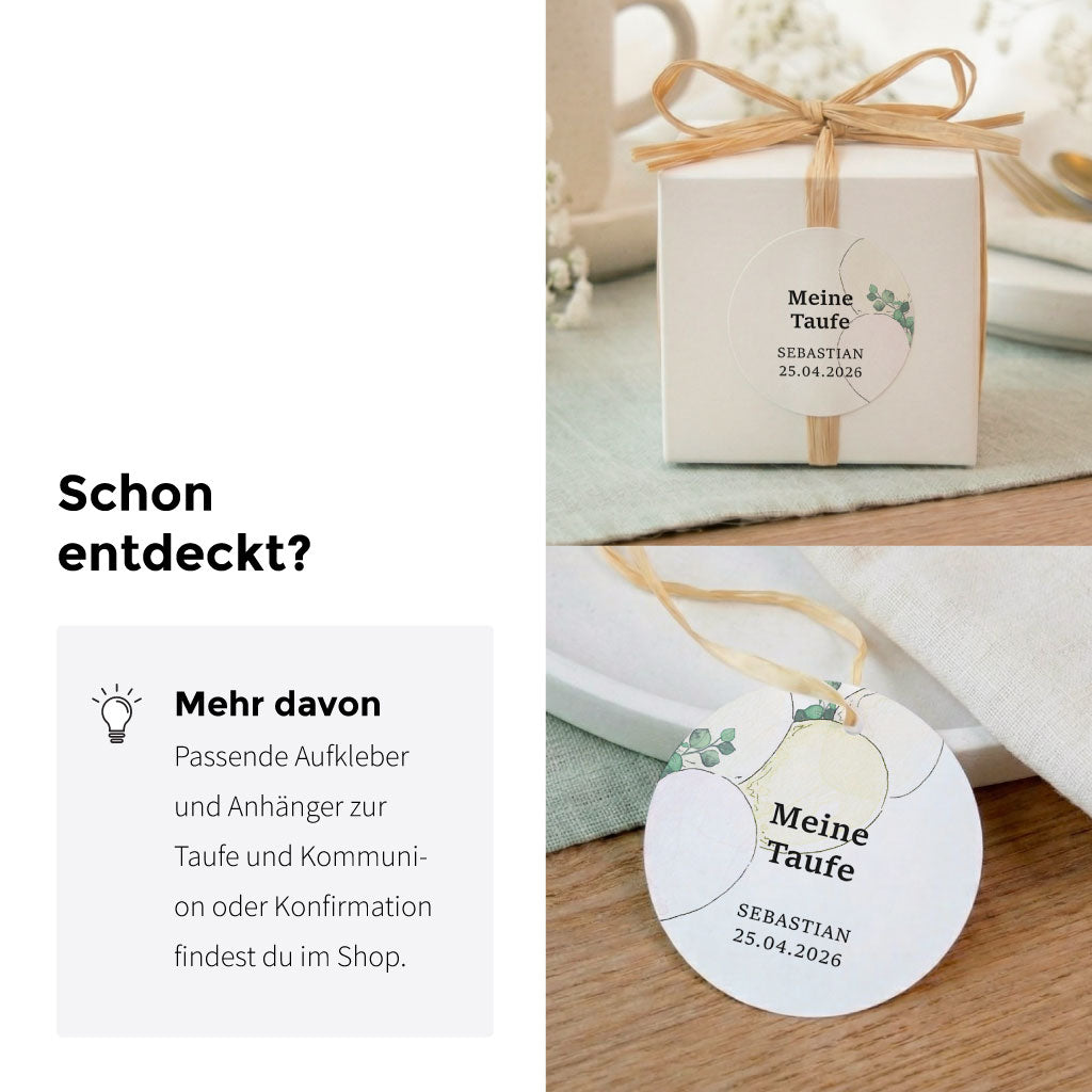 Passende Aufkleber und Geschenkanhänger mit Luftballon Aquarell Motiv für eine einheitliche Tauffeier.