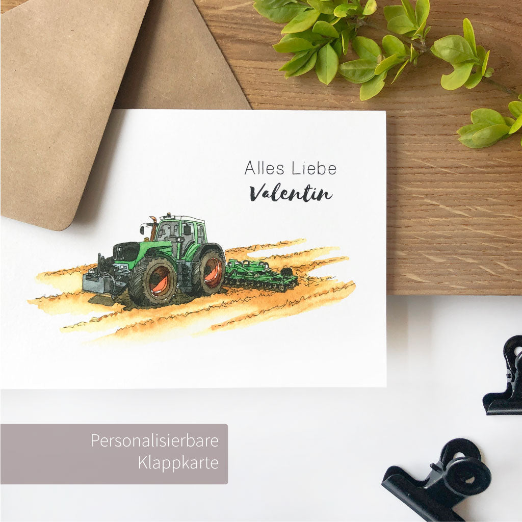 Personalisierbare Klappkarte zum Geburtstag oder Glückwunschkarte mit Traktor Motiv