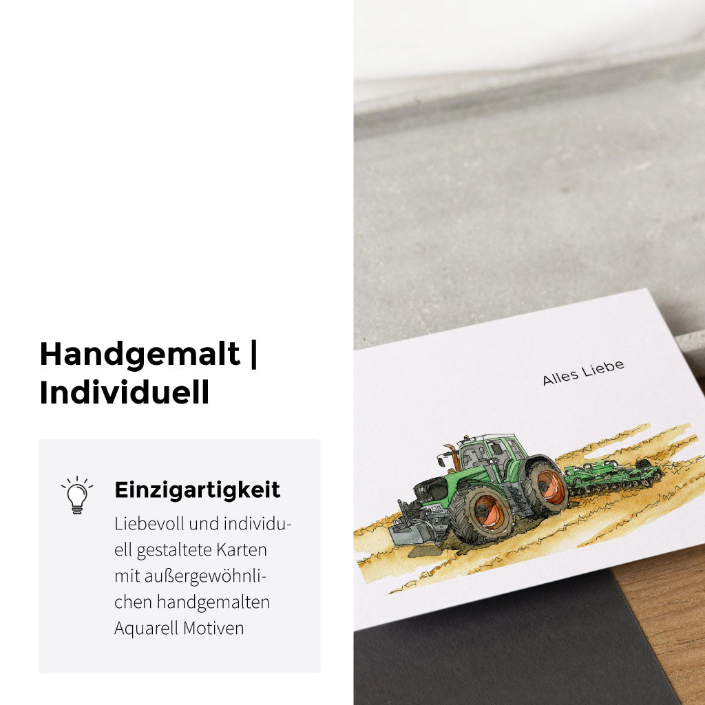 Handgenaltes Aquarell Bild mit Traktor auf Feld und Zugmaschine