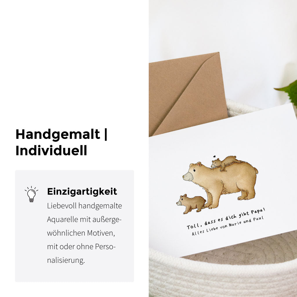 Detailansicht der Karte für Papa mit Bären Aquarell Motiv und Informationen zur Handarbeit und Einzigartigkeit.
