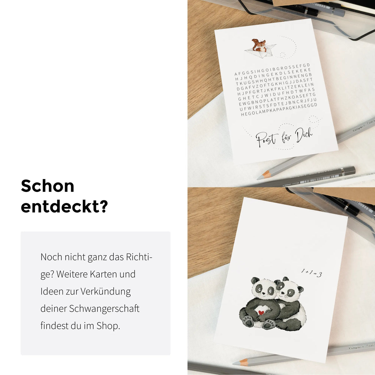 Zwei weitere Karten zur Verkündung einer Schwangerschaft von Funkenbunt mit handgemalten Pandamotiven im Shop