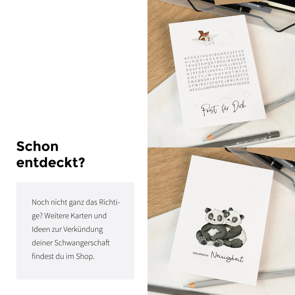 Collage mit zwei Funkenbunt Karten zur Schwangerschaft, darunter Pandakarte mit Aufschrift klitzekleine Neuigkeit