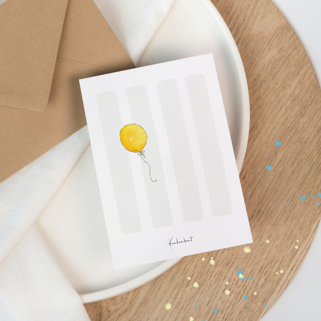 Rückseite der Karte: kleiner gelber Ballon als handgemaltes Detail, dezentes Funkenbunt-Branding unten.