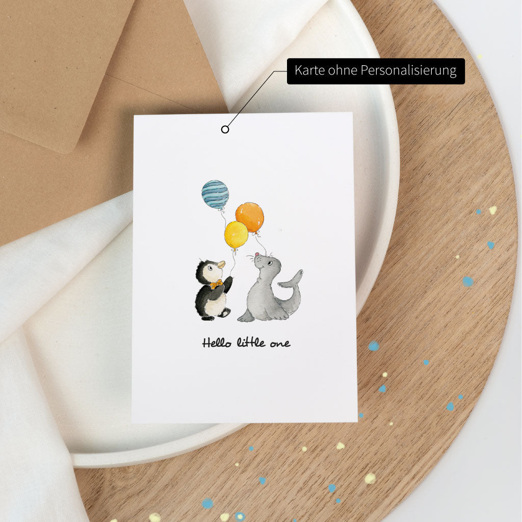 Karte ohne Personalisierung: Glückwuschkarte zur Geburt Baby mit aquarell Zirkus-Motiv, süßes Tier Pinguin und Seehund mit Luftballons, ohne Namensdruck.