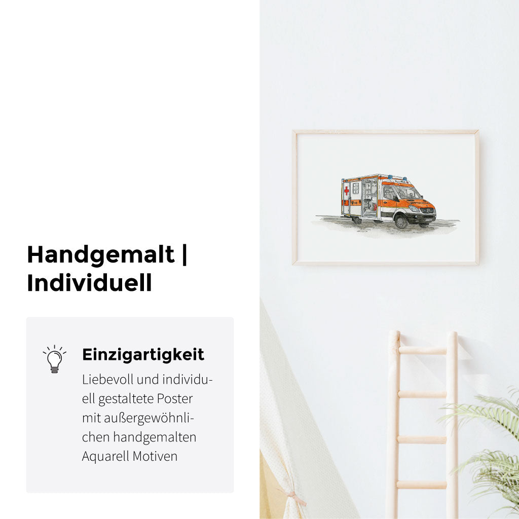 Handgemaltes Krankenwagen Aquarell