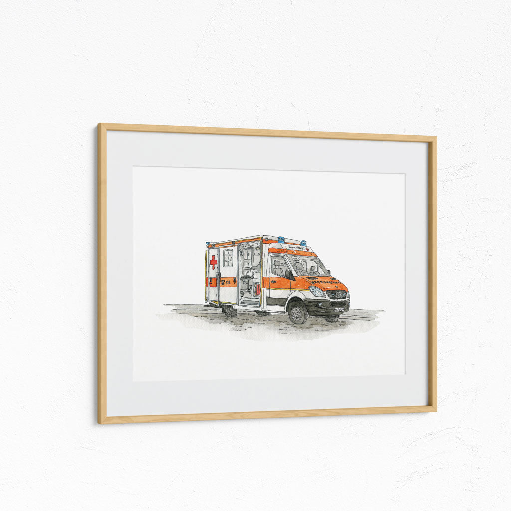 Kinderbild Rettungswagen in Holzrahmen