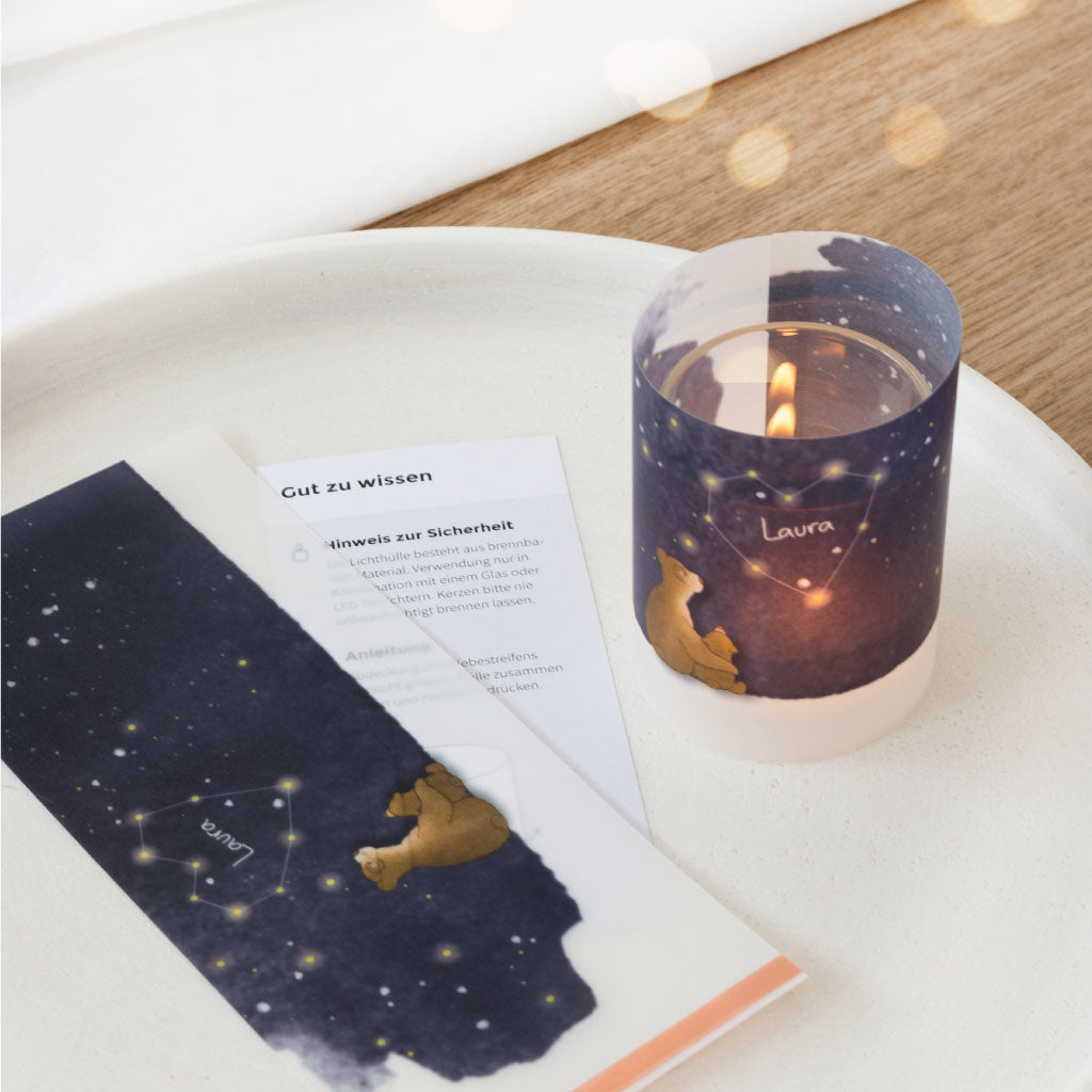 Set aus Lichthülle, Glas und Teelicht mit Anleitung – berührendes Andenken oder Trostgeschenk bei Trauer und Verlust.