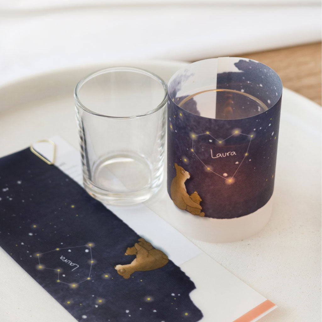 Komplettset mit Lichthülle, Glas und Teelicht – emotionales Trostgeschenk mit handgemaltem Bärenmotiv für Trauernde oder Gedenkanlässe.