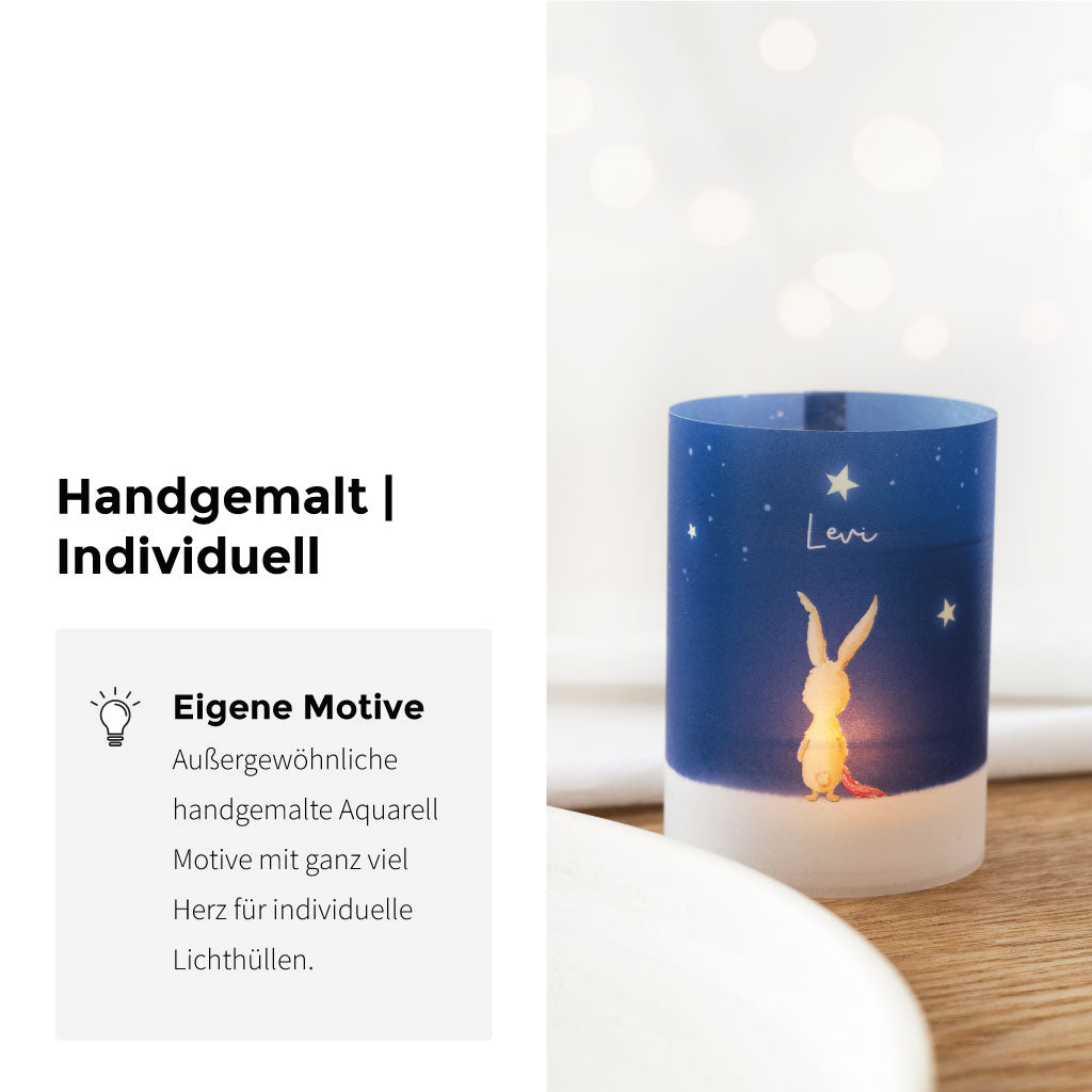 Lichthülle mit einzigartigem Aquarellmotiv, individuell gestaltbar mit Namen – stilvolles Trauergeschenk oder Andenken mit persönlicher Note.