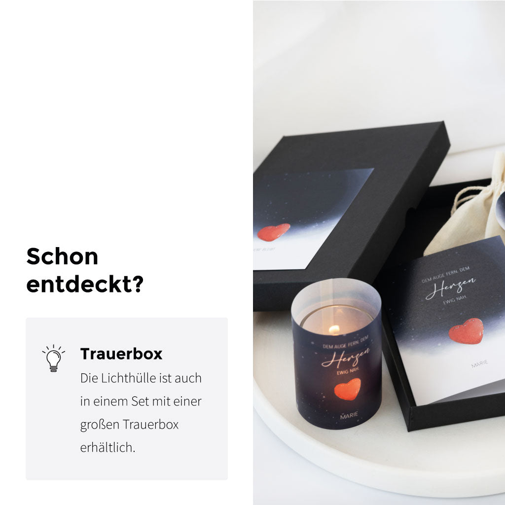 Edle Trauerbox mit Lichthülle und liebevoller Verpackung – ein einfühlsames Geschenk zur Erinnerung an Verstorbene.