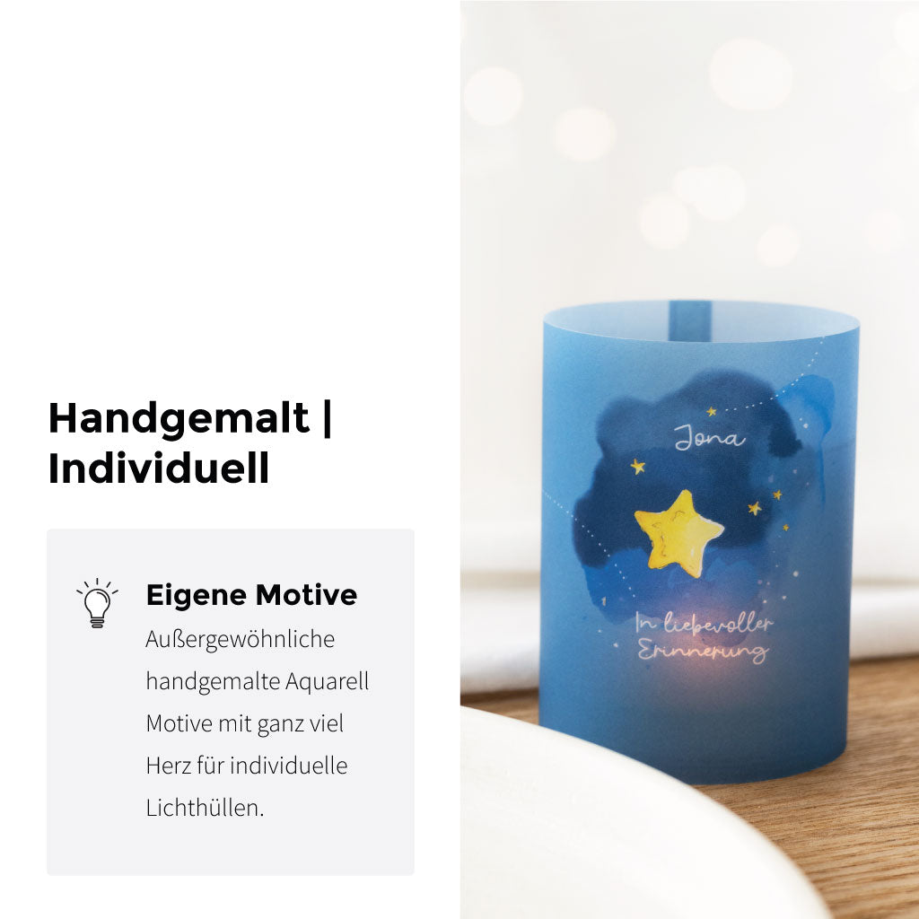 Detailaufnahme einer Lichthülle mit Aquarellmotiv und gelbem Stern – personalisierbare Erinnerung in Form eines dekorativen Windlichts.