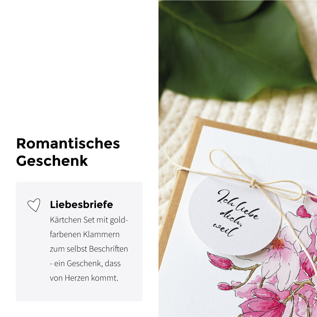 Romantische Liebesbriefe zum Beschriften mit handgemaltem Magnolienmotiv, goldener Klammer und Anhänger – ein liebevolles Geschenk für deinen Partner.