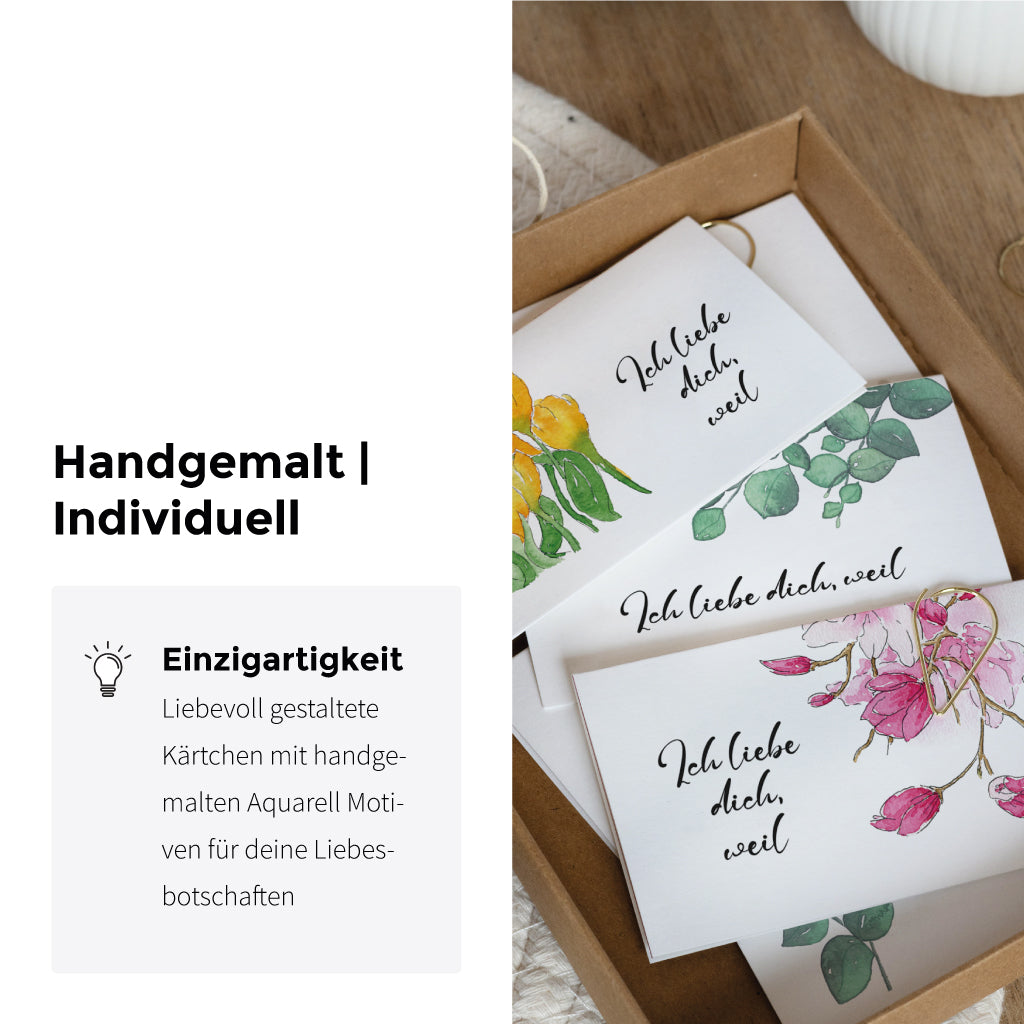 Liebevoll gestaltete Klappkarten mit handgemalten Blumen und Platz für individuelle Gründe, warum du jemanden liebst – Geschenkidee zum Hochzeitstag oder Valentinstag.