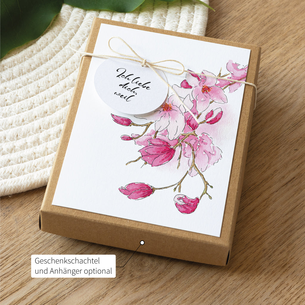 Liebesbrief Vorlagen mit „Ich liebe dich, weil“ in dekorativer Geschenkverpackung und Anhänger – romantisches DIY-Geschenk für besondere Anlässe.