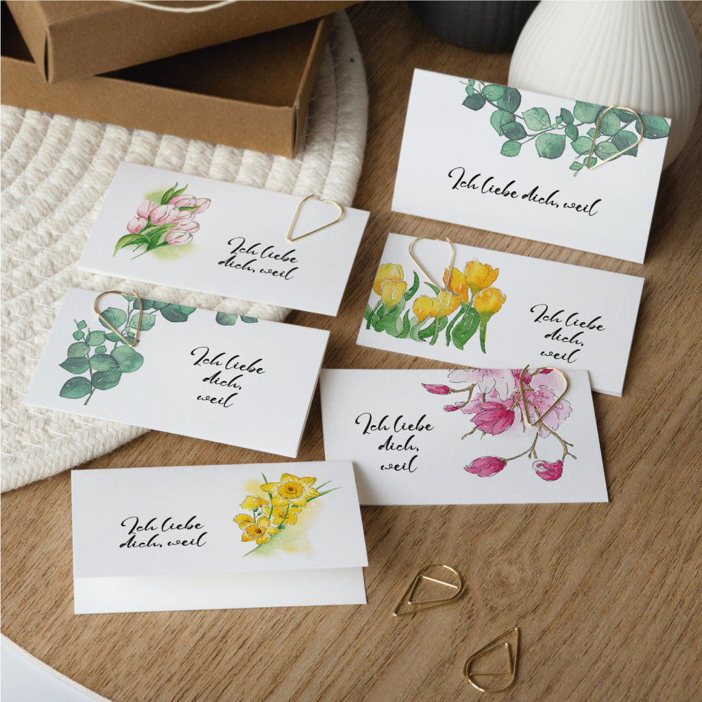 Sechs verschiedene Karten Motive mit floralen Aquarellmotiven zum Selbstbeschriften – kreative Liebesbriefe für Frühling, Valentinstag oder Geburtstag.