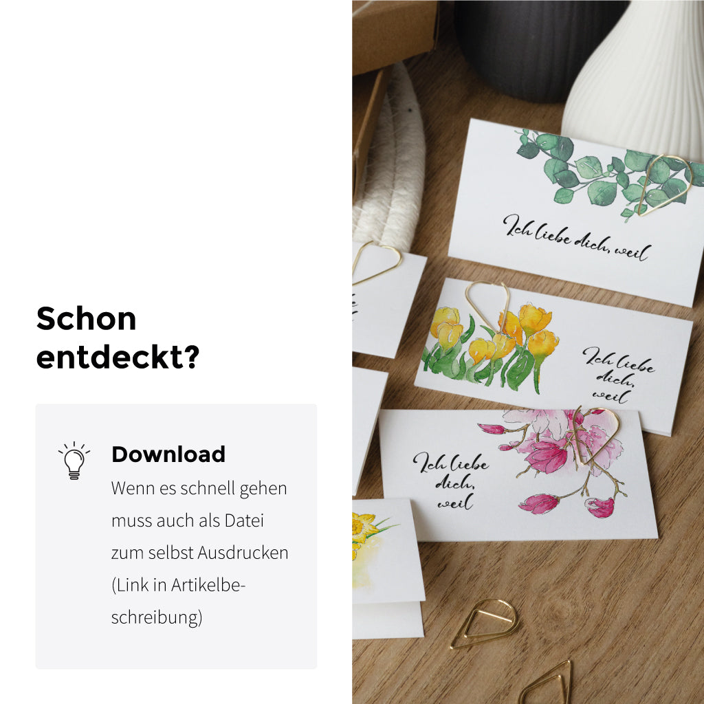 Downloadbare Liebesbrief-Karten mit floralen Motiven zum Ausdrucken – schöne Geschenkidee zum Valentinstag, Hochzeitstag oder als Glas voll Liebe.