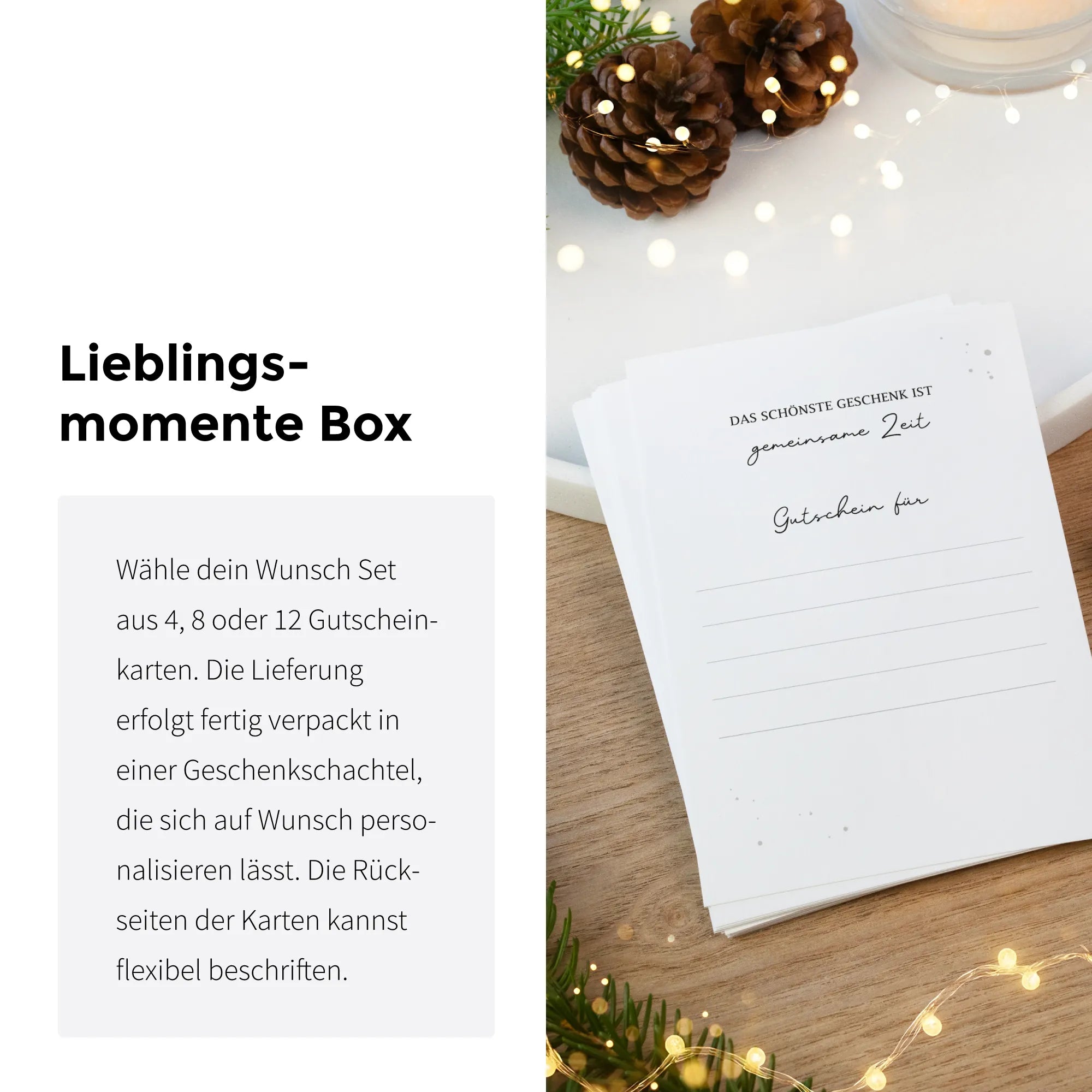 Infografik der Lieblingsmomente Box neben detailreichen Gutscheinkarten für gemeinsame Zeit auf einem dekorierten Tisch.