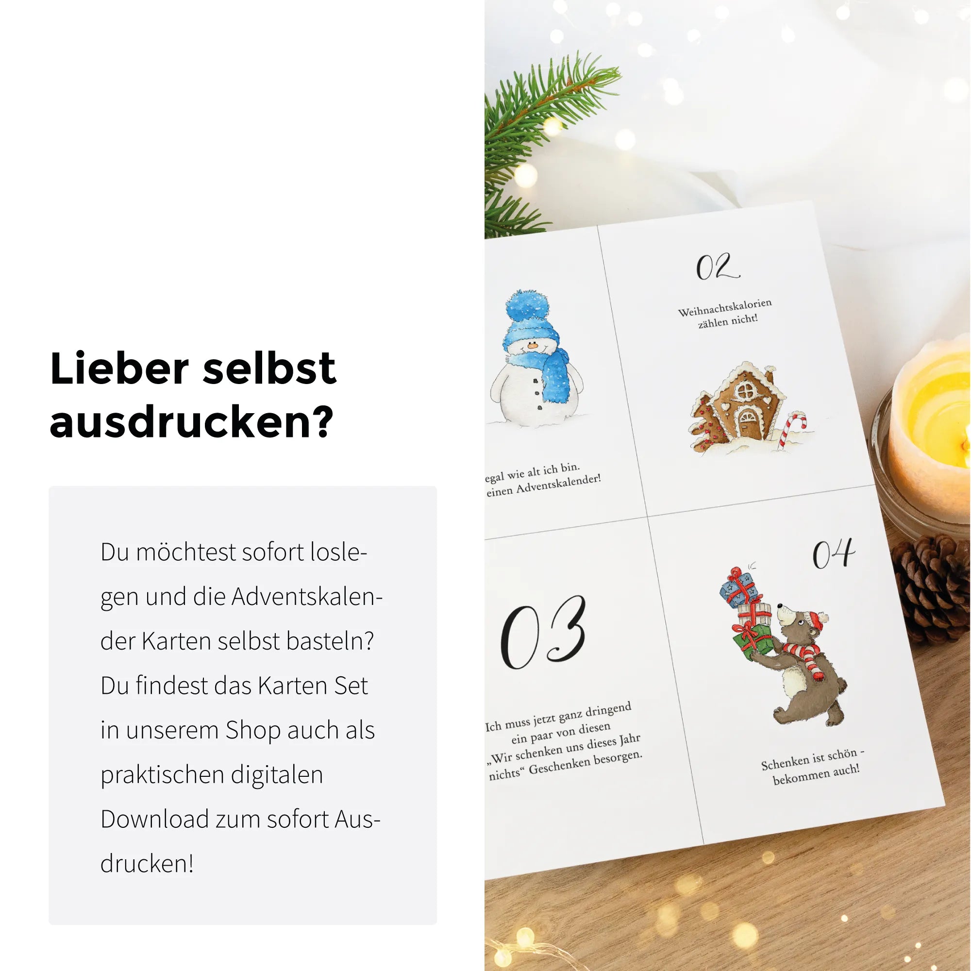 Grafik mit Text Lieber selbst ausdrücken für das digitale Download Set der Adventskalender Karten.