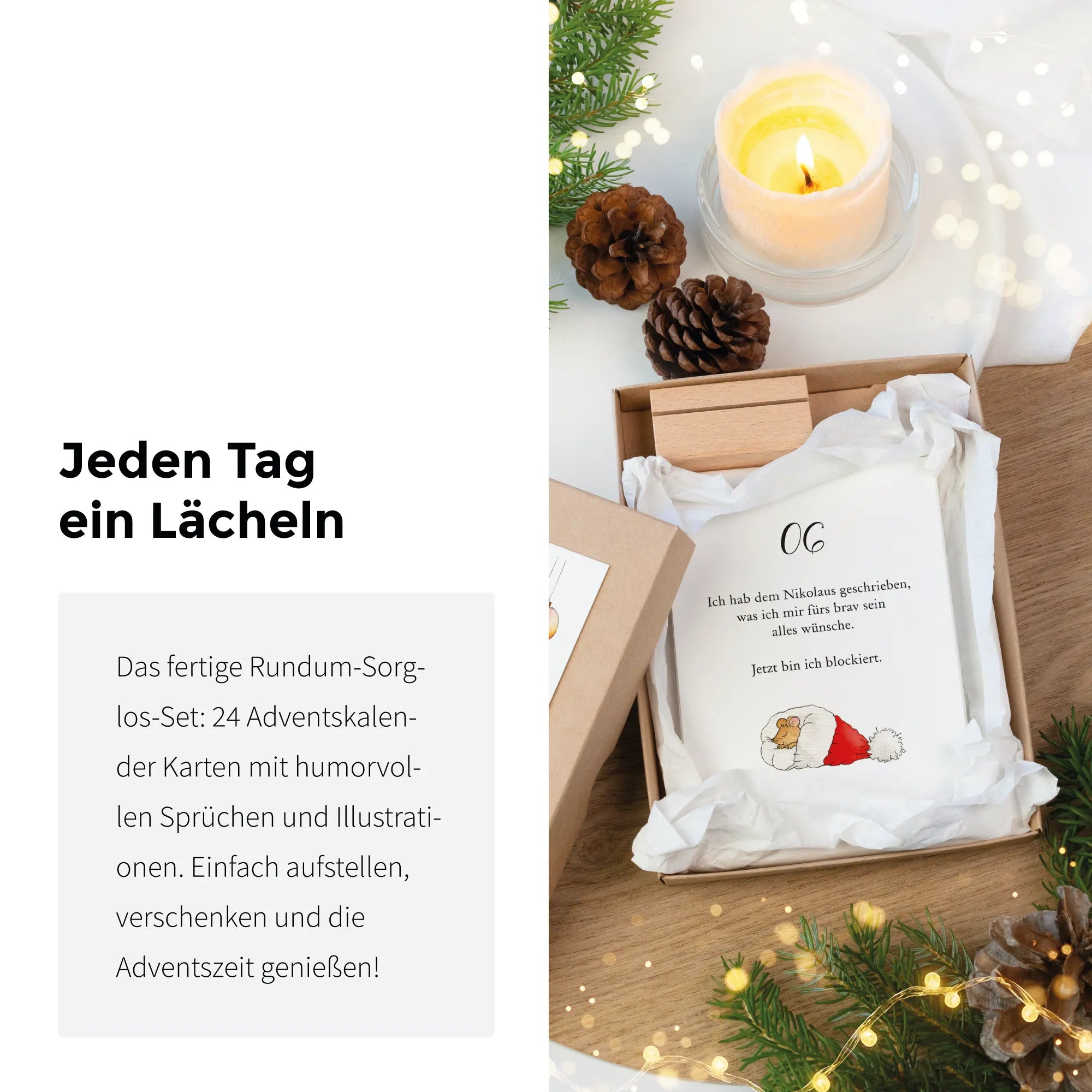Textkarte Jeden Tag ein Lächeln und Geschenkbox mit Adventskalender Karte 06 Maus mit Weihnachtsmütze.