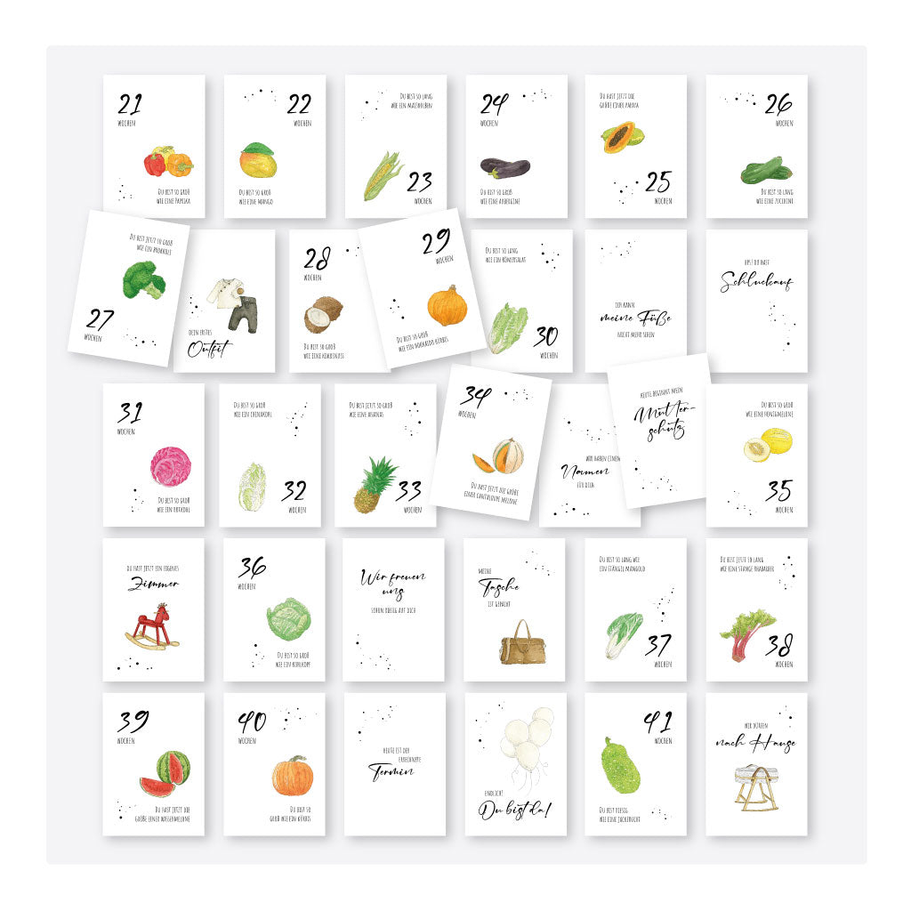 Zweite Kartenübersicht des vollständigen Schwangerschaftssets mit 56 Aquarellkarten, darunter Wochenkarten mit Gemüsegrößen wie Brokkoli, Kürbis oder Aubergine sowie Meilensteine wie erstes Outfit oder Geburt.