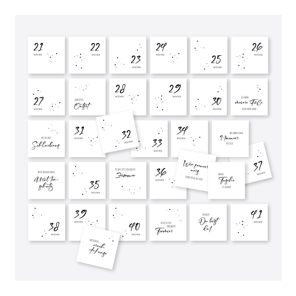 Komplette Kartenübersicht des Schwangerschafts-Sets mit allen 56 Meilensteinkarten – inklusive Wochenzahlen, Sprüche und Themen wie Mutterschutz oder erstes Kinderzimmer.