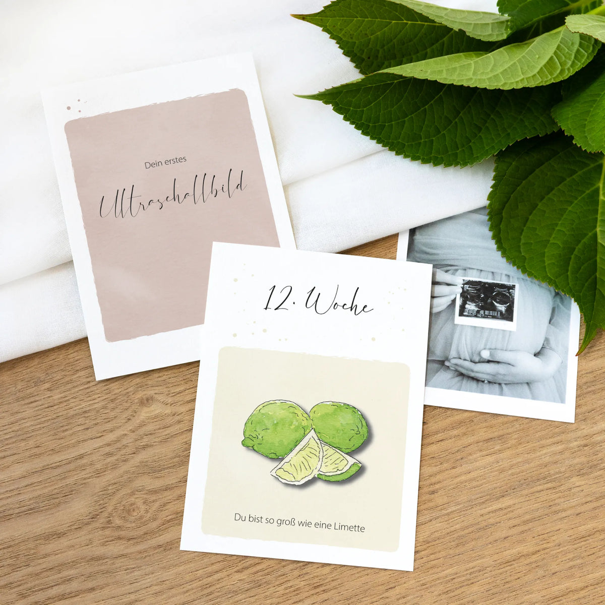 Meilensteinkarten Schwangerschaft Woche 12 mit Aquarell Motiv Limette und Sonderkarte erstes Ultraschallbild