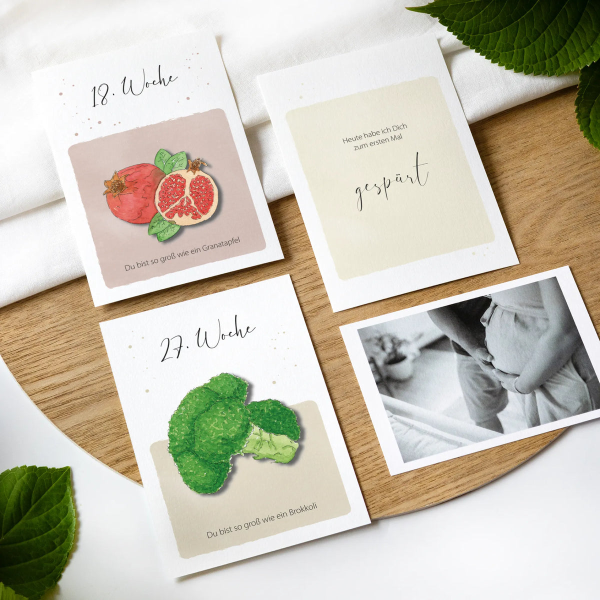 Meilensteinkarten Schwangerschaft Woche 18 Granatapfel und 27 Brokkoli mit Aquarell Motiv, Sonderkarte Baby gespürt