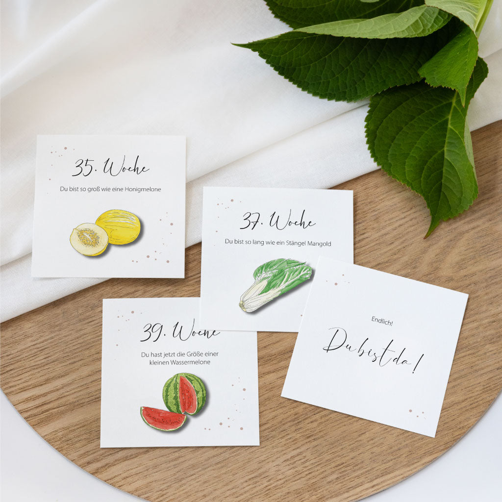 Karten: 39 Woche Wassermelone, 35. Woche Honigmelone, 37. Woche Mangold, Du bist da!