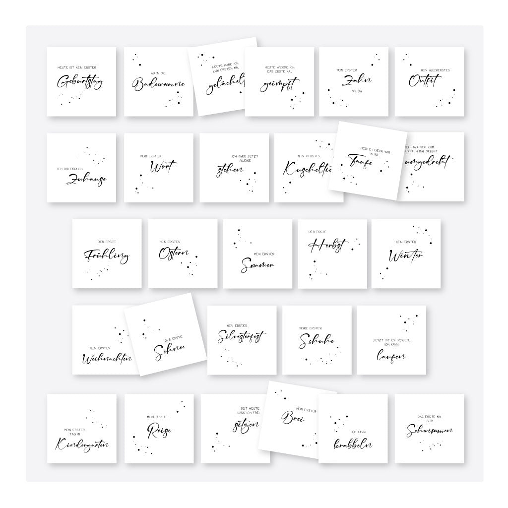 Übersicht weiterer Meilensteinkarten fürs Baby: erste Ereignisse wie Baden, erstes Lächeln, Outfit, Jahreszeiten, Schuhe und Laufen – perfekt zum Fotos machen.