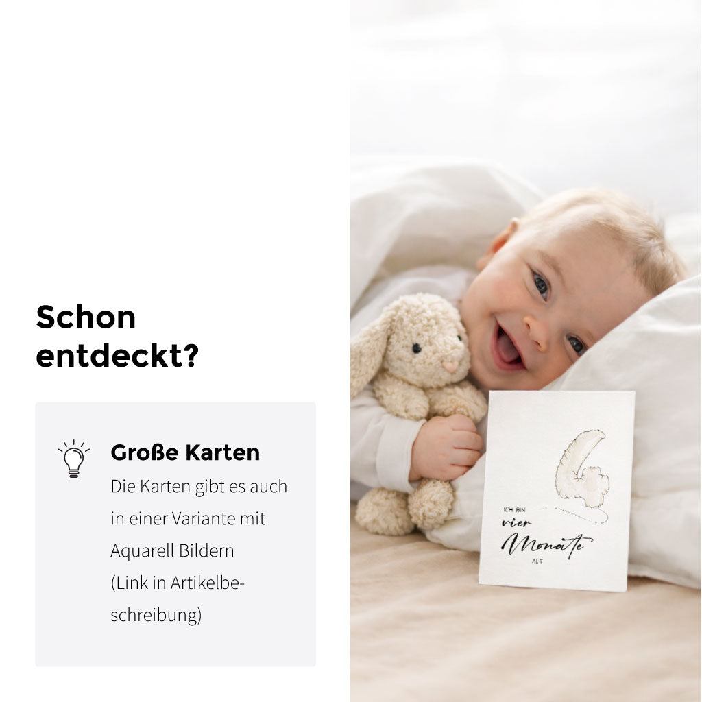 Infografik „Schon entdeckt?“ mit Babyfoto und Karte „Ich bin vier Monate alt“ – Hinweis auf große Meilensteinkarten fürs erste Jahr zum Erinnerungen festhalten.