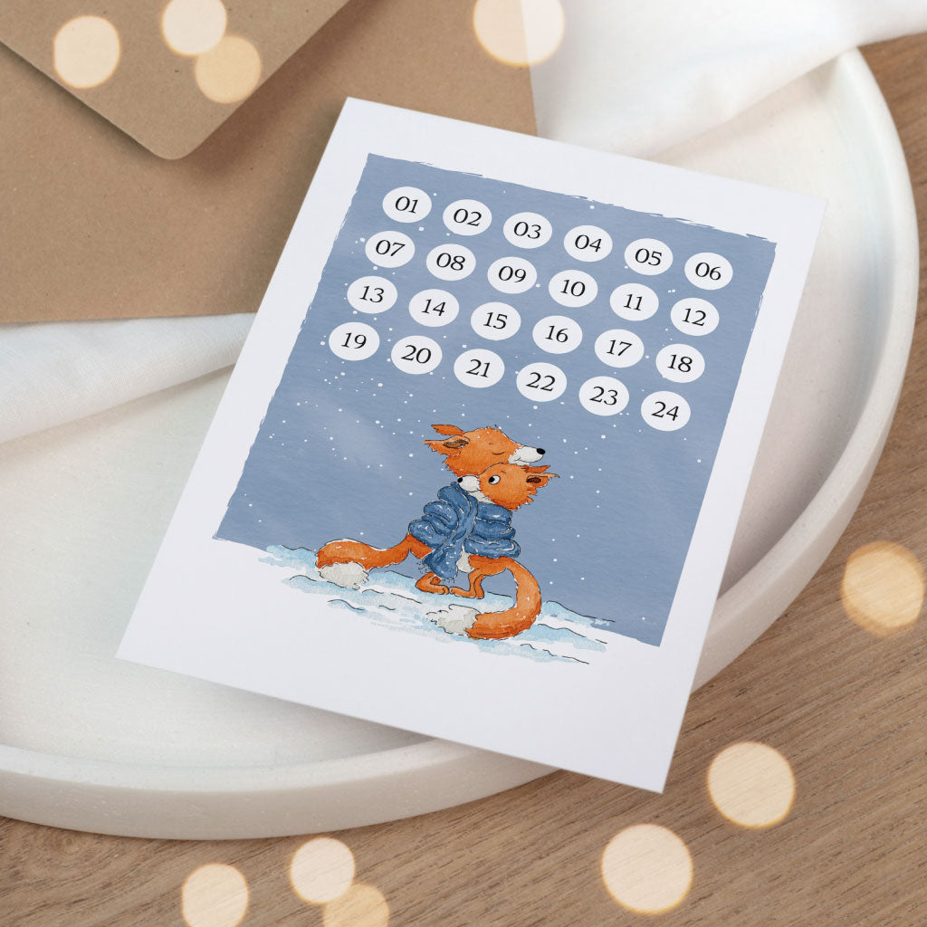Motiv mit handgemaltem Füchsen und 24 Zahlen zum Abhaken