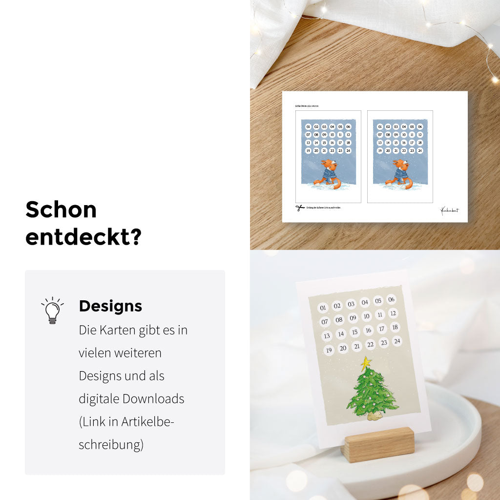 Die Adventskalender Karten gibt es in vielen weiteren Designs und als Download