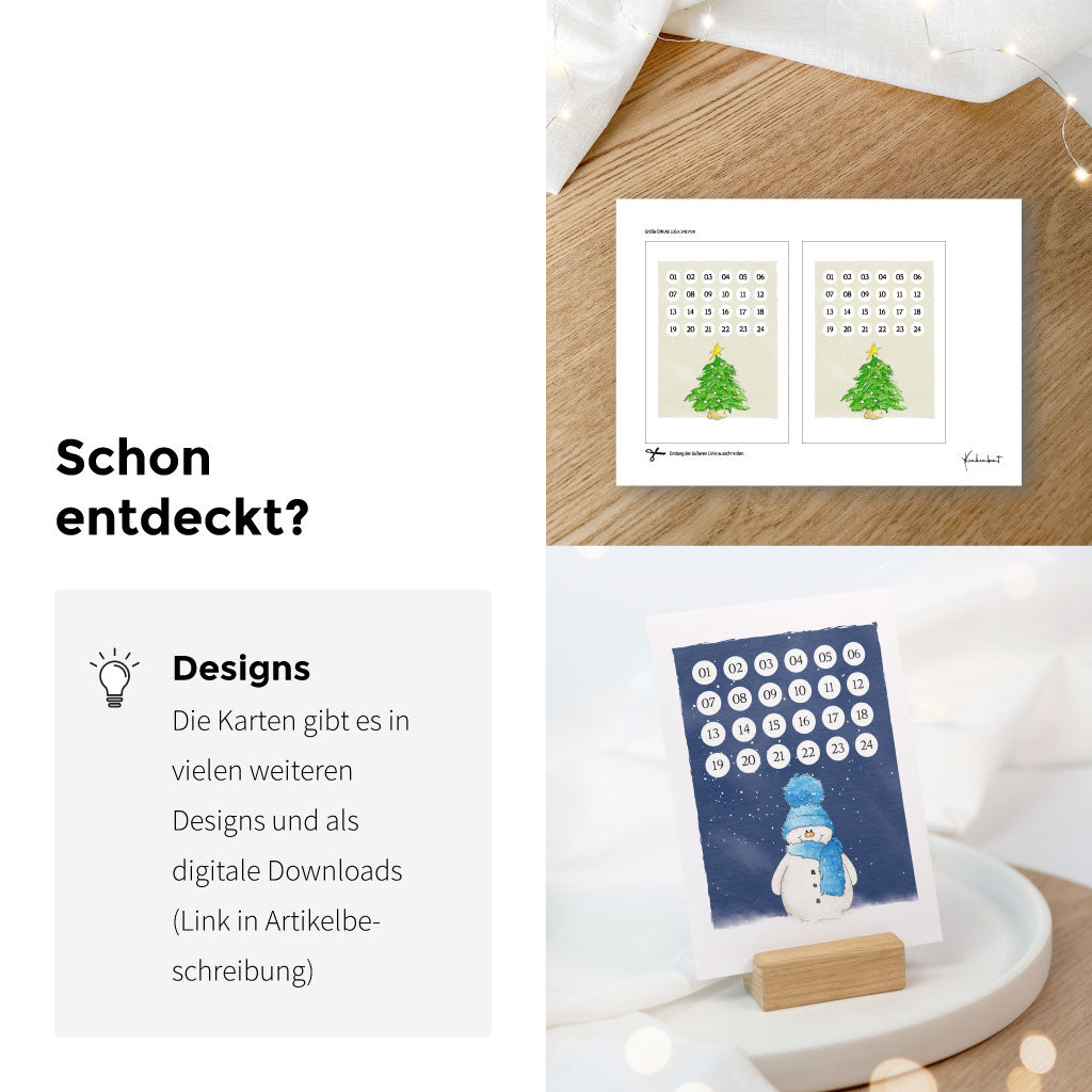 Die Adventskalender Karten gibt es in vielen weiteren Designs und als Download