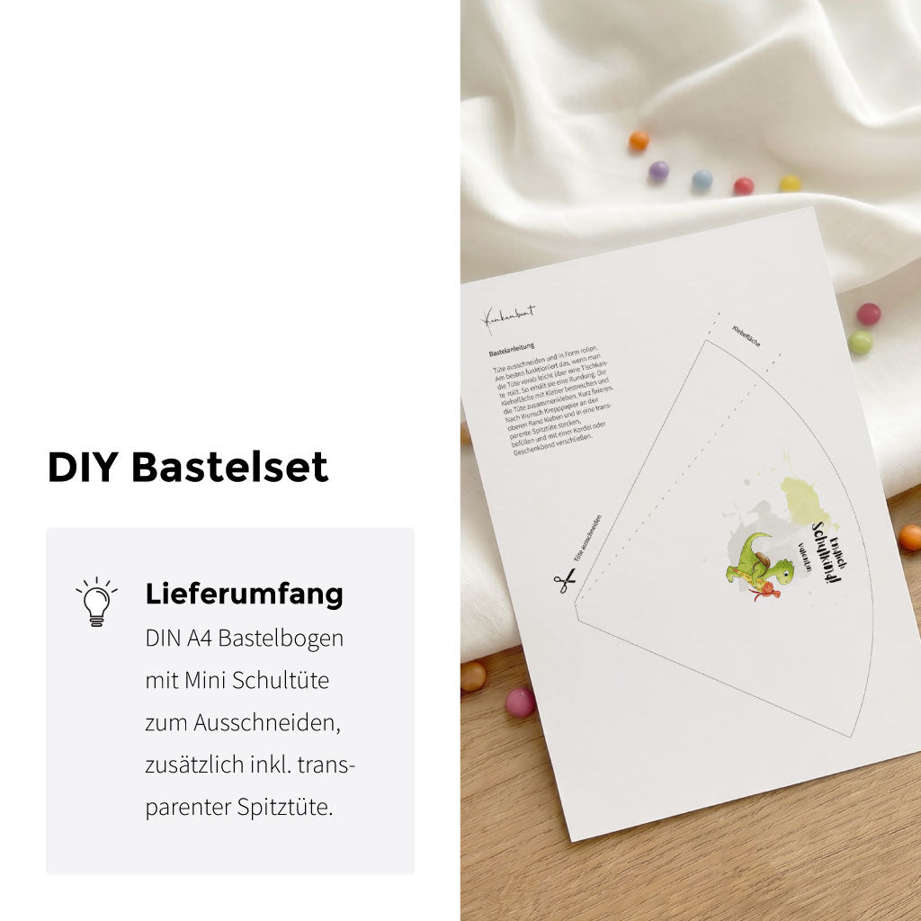 Bastelvorlage auf DIN A4 Bogen für eine DIY Schultüte mit Anleitung und Dino Aquarell Motiv.