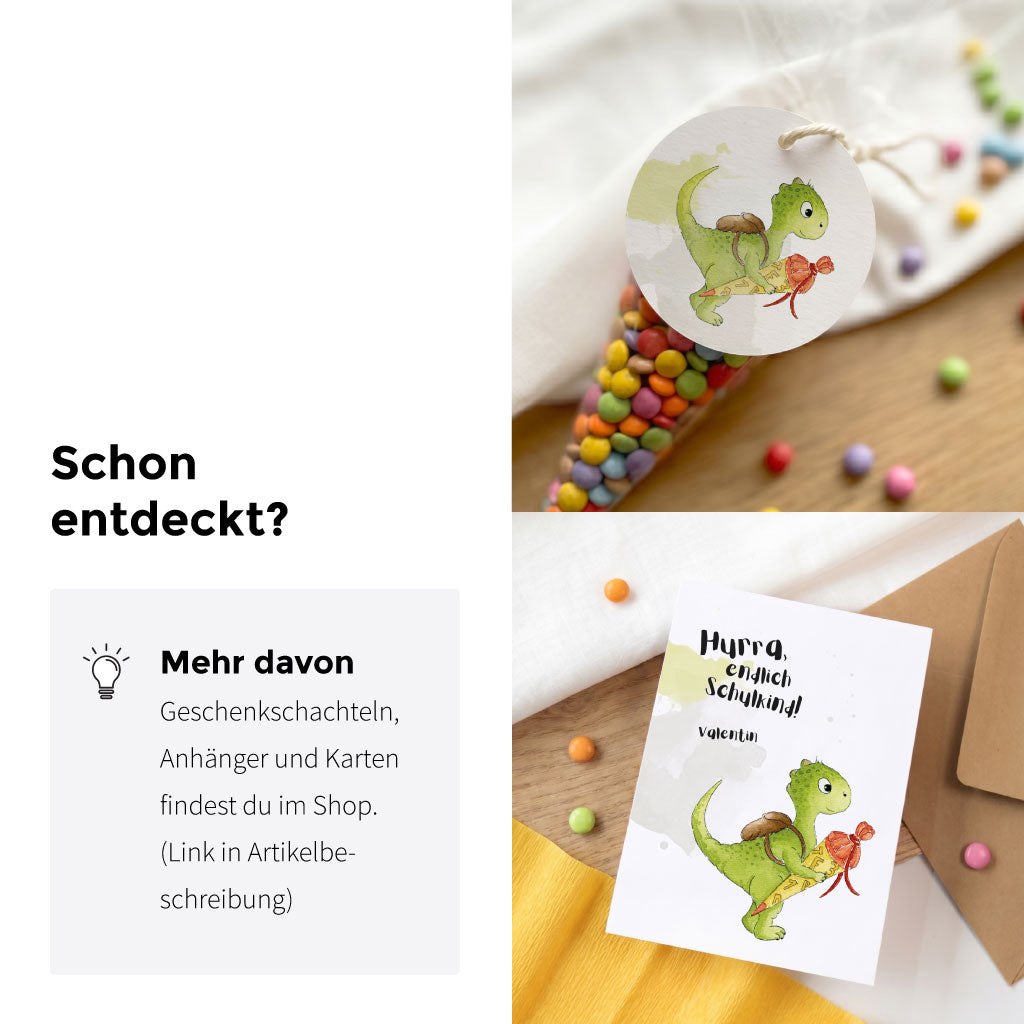 Runder Geschenkanhänger mit Dino Aquarell Motiv an einer Mini Schultüte für die Einschulungsparty Deko.