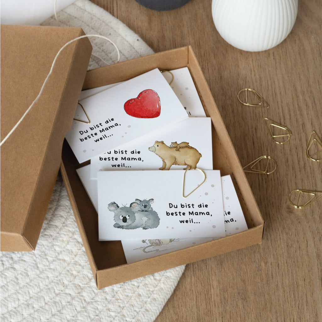 Du bist die beste Mama, weil... Kleine Klappkarten zum selbst beschriften in einer Geschenkschachtel