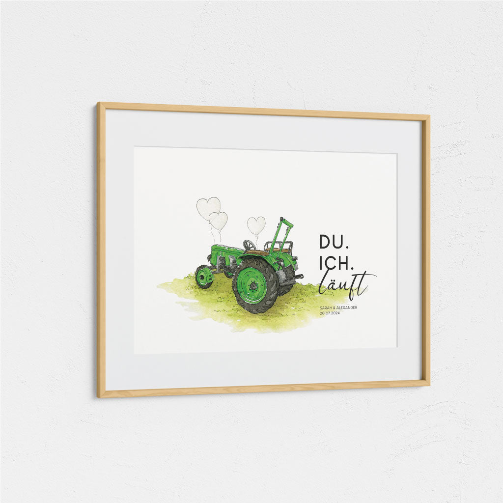 Handgenaltes Aquarell Motiv mit grünem Traktor und Luftballons