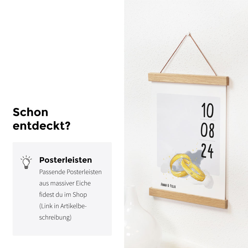 Passende Posterschienen aus massivem Eichenholz im Shop.