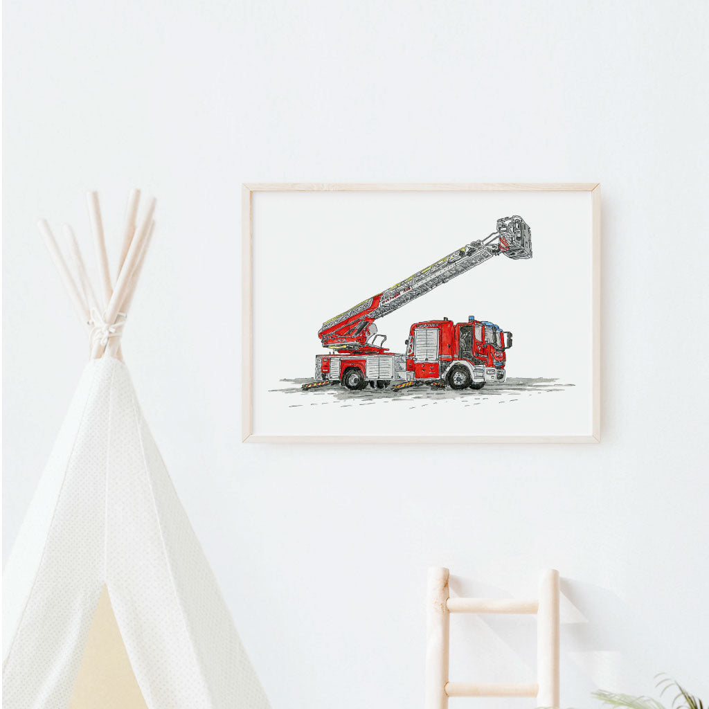Feuerwehr Bild hängt im Kinderzimmer an der Wand als Dekoration