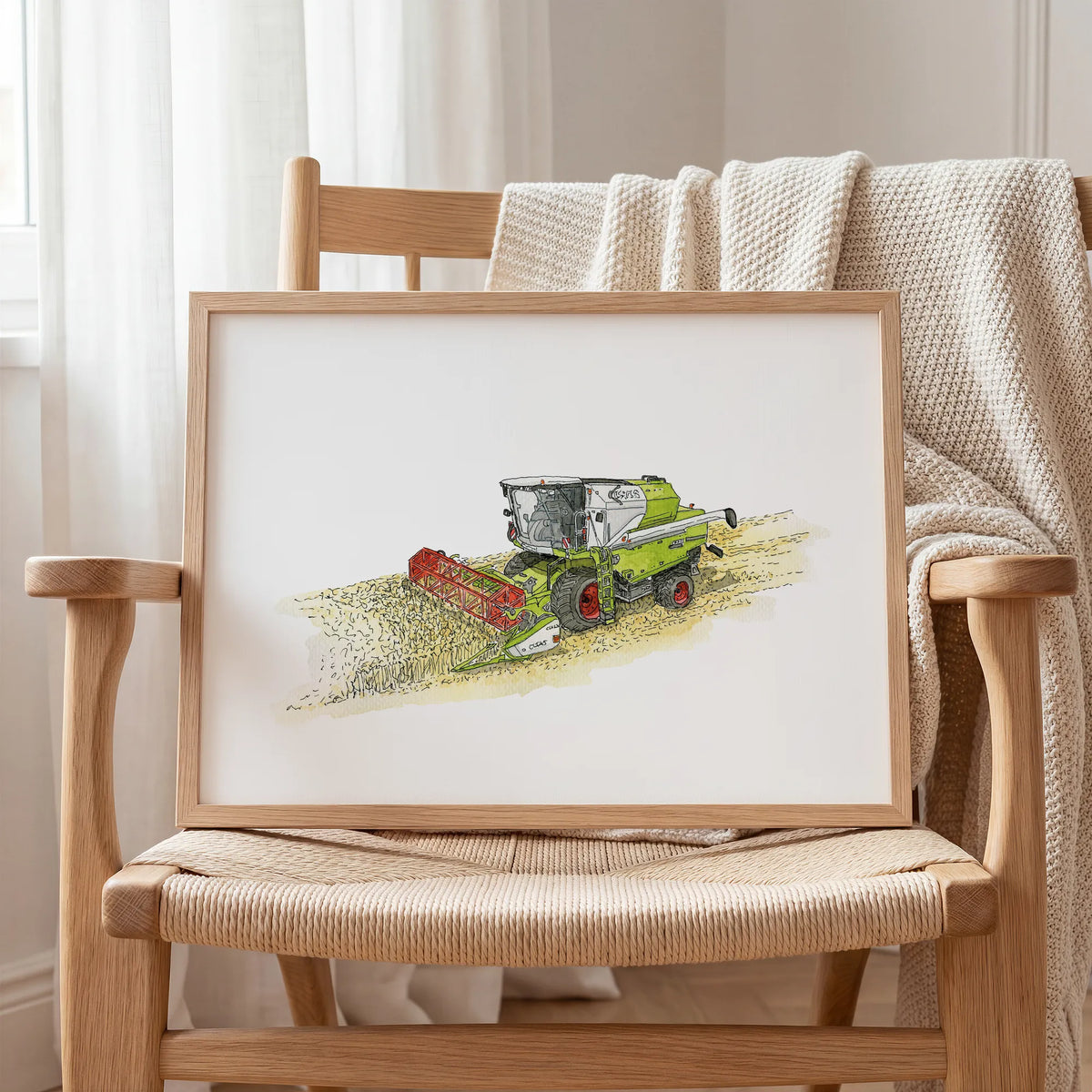 Claas Mähdrescher Poster handgemalt im Holzrahmen auf einem Holzstuhl. Einzigartiges Geschenk für Landwirtschaft-Fans.